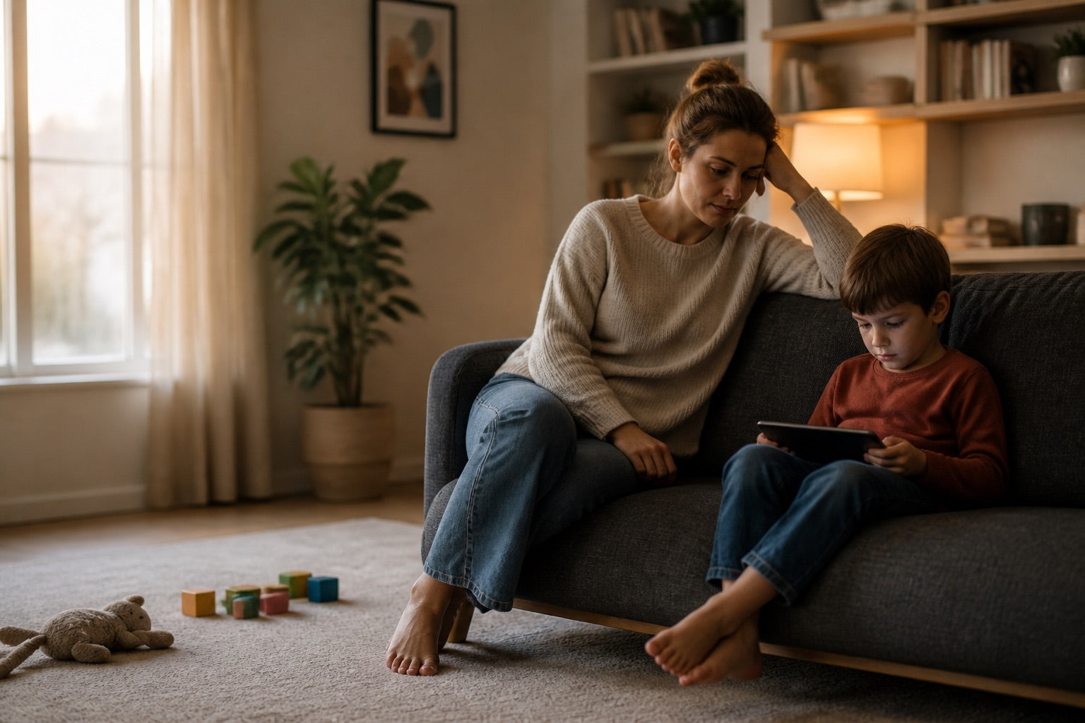 A tired parent beside a child absorbed in a tablet before a screen-time transition